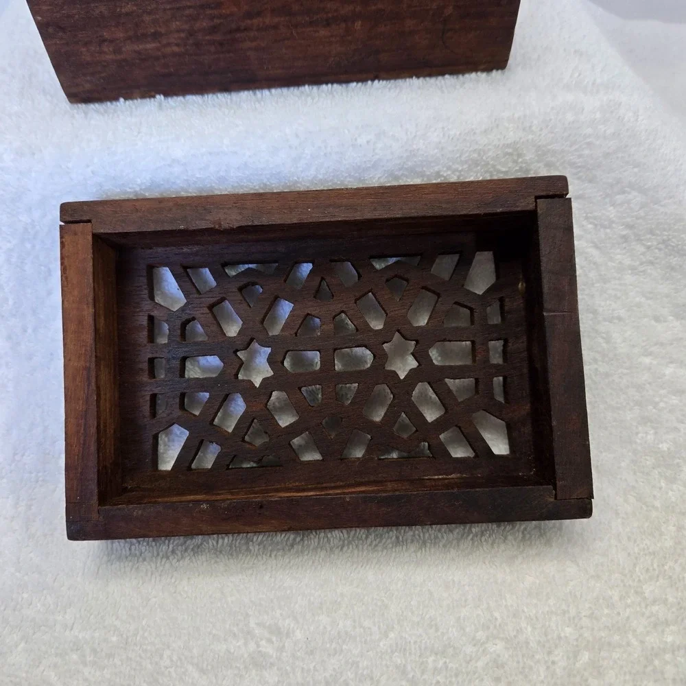 Vtg Hand Carved Wooden Trinket Box Lidded Intricate Geometric Boho Hippiecore